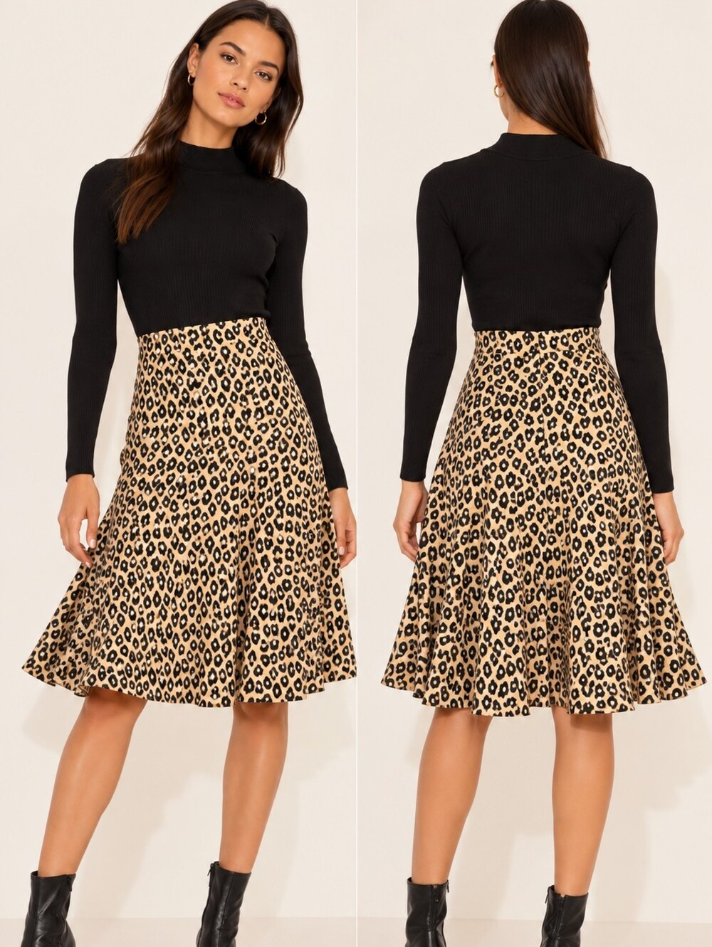 THEORY Tan Glossed Leopard Print Flounce Flare Chic Classic Stretch Midi Skirt